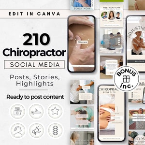 Op de afbeelding: Een verzameling van 210 social media berichten, verhalen en hoogtepunten voor chiropractors. De afbeeldingen tonen een verscheidenheid aan chiropractie-gerelateerde thema's, waaronder aanpassingen, nazorg, voordelen en tips. De tekst "210 Chiropractor Social Media" wordt bovenaan de afbeelding in groot, vetgedrukt lettertype weergegeven. De tekst "Posts, Stories, Highlights" wordt onder de titel weergegeven. De tekst "Ready to post content" wordt onder de ondertitel weergegeven. De afbeelding bevat ook een verscheidenheid aan pictogrammen, zoals een EHBO-doos, een persoon die op een tafel ligt, een ster, twee handen die in elkaar grijpen, een megafoon en een wervelkolom.