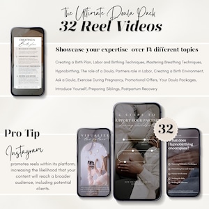 Może przedstawiać: Grafika z tekstem "The Ultimate Doula Pack 32 Reel Videos" i listą 12 temat&oacute;w dla film&oacute;w doula. Grafika zawiera r&oacute;wnież profesjonalną wskaz&oacute;wkę dotyczącą korzystania z rolek na Instagramie, aby dotrzeć do szerszej publiczności.