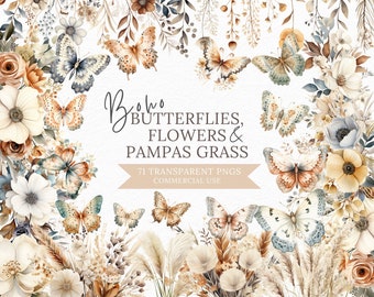 Watercolor Butterfly and Flowers Clipart Bundle, Wildflower Garden Sublimation, Boho Minimalist Wedding Invitation PNG, Botanical Floral PNG