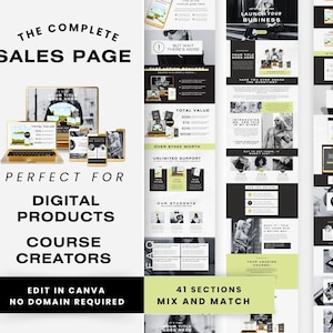 May include: A collage of images showcasing a digital product sales page template. The template is designed for course creators and digital product sellers. The template features a variety of sections, including a total value section, a limited time offer section, and a frequently asked questions section. The template is designed to be edited in Canva and does not require a domain.