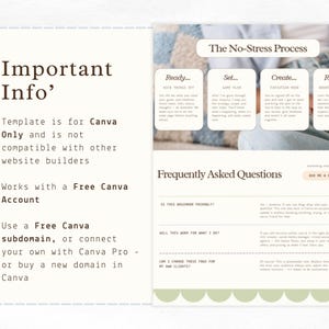 Puede incluir: Una plantilla de marketing digital para Canva, con el texto "Important Info'" y "The No-Stress Process." La plantilla no es compatible con otros creadores de sitios web y funciona con una cuenta gratuita de Canva. Incluye una secci&oacute;n de preguntas frecuentes.