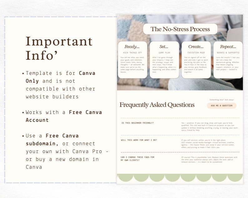 Puede incluir: Una plantilla de marketing digital para Canva, con el texto "Important Info'" y "The No-Stress Process." La plantilla no es compatible con otros creadores de sitios web y funciona con una cuenta gratuita de Canva. Incluye una secci&oacute;n de preguntas frecuentes.