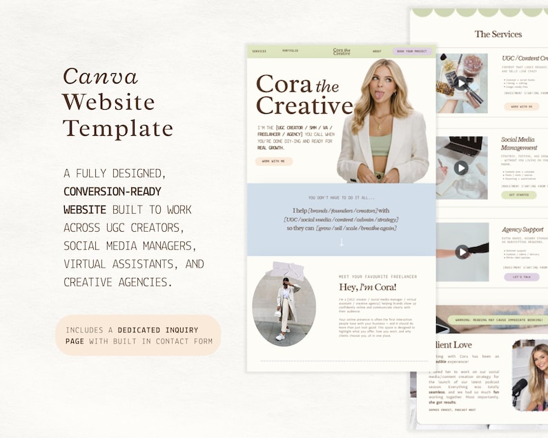 Plantilla de sitio web de Canva, sitio de gestión de redes sociales, página de proveedor de servicios, portafolio de marketing para creadores de contenido UGC, página de destino creativa imagen 2