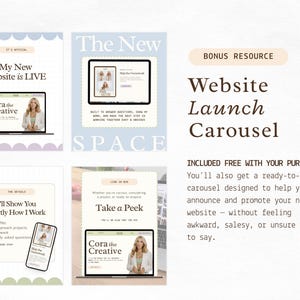 Puede incluir: Un gr&aacute;fico de carrusel de lanzamiento de sitio web con texto e im&aacute;genes. El texto incluye "My New Website is LIVE" y "Website Launch Carousel". Las im&aacute;genes muestran a una mujer en una computadora port&aacute;til y un tel&eacute;fono.