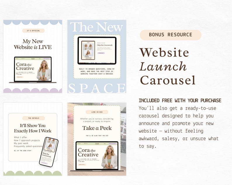 Puede incluir: Un gr&aacute;fico de carrusel de lanzamiento de sitio web con texto e im&aacute;genes. El texto incluye "My New Website is LIVE" y "Website Launch Carousel". Las im&aacute;genes muestran a una mujer en una computadora port&aacute;til y un tel&eacute;fono.
