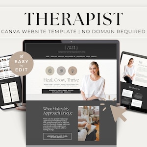 Può includere: Un modello di sito web Canva per terapeuti, con un design in bianco e nero e un colore di accento marrone chiaro. Il modello include un'intestazione con il testo "Il tuo logo", una sezione con il testo "Guarire, crescere, prosperare" e una sezione con il testo "Cosa rende il mio approccio unico".