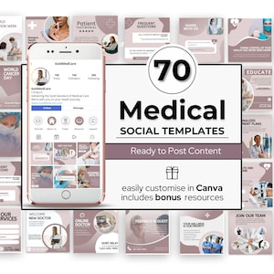 Puede incluir: Una colección de 70 plantillas de redes sociales para profesionales médicos. Las plantillas están diseñadas en un esquema de color rosa y blanco y presentan varias imágenes y textos relacionados con la medicina. Las plantillas están listas para ser personalizadas en Canva e incluyen recursos adicionales.