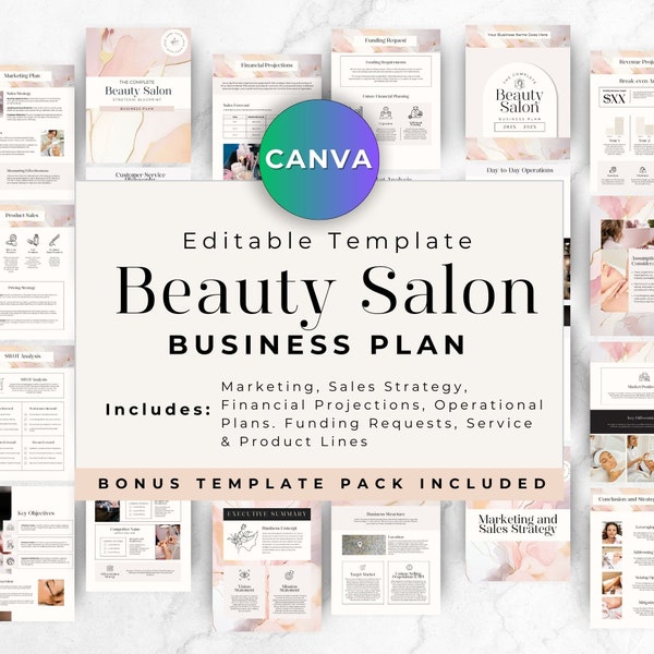 サロン事業計画、Canva 美容ネイルラッシュテックワークブックプランナーテンプレート、美容師の起業と中小企業の提案、マーケティング計画