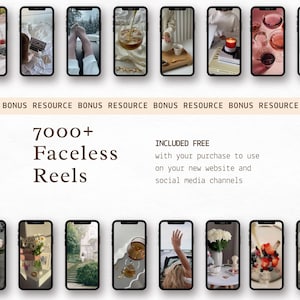 Puede incluir: Imagen promocional con m&uacute;ltiples smartphones que muestran contenido de estilo de vida. El texto dice "7000+ Faceless Reels" y "INCLUIDO GRATIS con tu compra para usar en tu nuevo sitio web y canales de redes sociales."