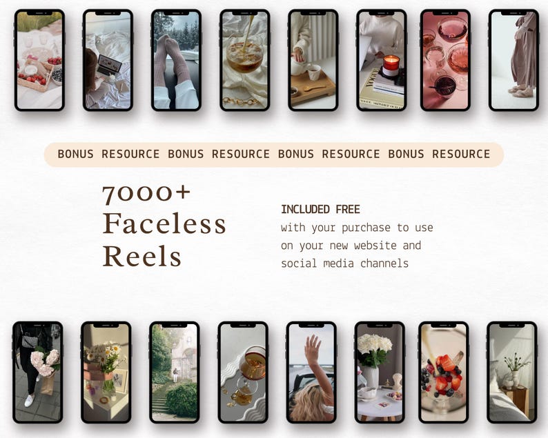 Puede incluir: Imagen promocional con m&uacute;ltiples smartphones que muestran contenido de estilo de vida. El texto dice "7000+ Faceless Reels" y "INCLUIDO GRATIS con tu compra para usar en tu nuevo sitio web y canales de redes sociales."
