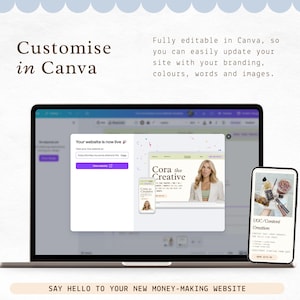 Puede incluir: Un port&aacute;til y un smartphone muestran un dise&ntilde;o de sitio web, con el texto "Customise in Canva". La pantalla del port&aacute;til muestra una vista previa del sitio web con el texto "Your website is now live". El smartphone muestra una p&aacute;gina de creaci&oacute;n de contenido.
