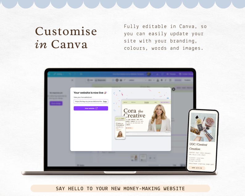 Puede incluir: Un port&aacute;til y un smartphone muestran un dise&ntilde;o de sitio web, con el texto "Customise in Canva". La pantalla del port&aacute;til muestra una vista previa del sitio web con el texto "Your website is now live". El smartphone muestra una p&aacute;gina de creaci&oacute;n de contenido.