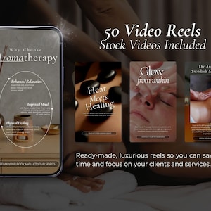 Peut inclure: L'&eacute;cran d'un t&eacute;l&eacute;phone affichant un graphique marketing pour des services d'aromath&eacute;rapie. Le graphique pr&eacute;sente un fond brun clair avec un cercle blanc contenant le texte "Why Choose Aromatherapy" et trois cercles plus petits avec du texte d&eacute;crivant les avantages de l'aromath&eacute;rapie. Le graphique comprend &eacute;galement un bouton d'appel &agrave; l'action qui dit "Relax Your Body and Lift Your Spirits". Le t&eacute;l&eacute;phone est pos&eacute; sur une surface blanche.