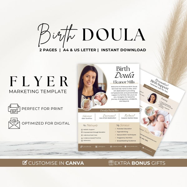 Birth Doula Brochure, Doula Business Flyer, Birth Worker Client Handout, Childbirth Education,  Lactation Consultant, Canva Template