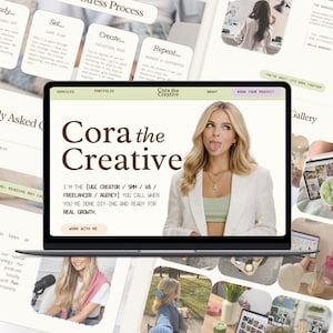 May include: A laptop screen showing the website for "Cora the Creative," featuring a woman with her tongue out. The site includes navigation links and the tagline "You're done DIY-ing and ready for real growth." Other images show website mockups.