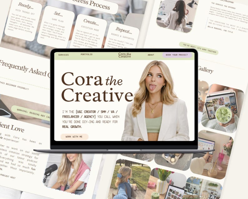 Puede incluir: Un port&aacute;til que muestra el sitio web "Cora the Creative", con una mujer sacando la lengua. El sitio incluye enlaces de navegaci&oacute;n y el lema "Has terminado el bricolaje y est&aacute;s listo para un crecimiento real". Otras im&aacute;genes muestran maquetas de sitios web.