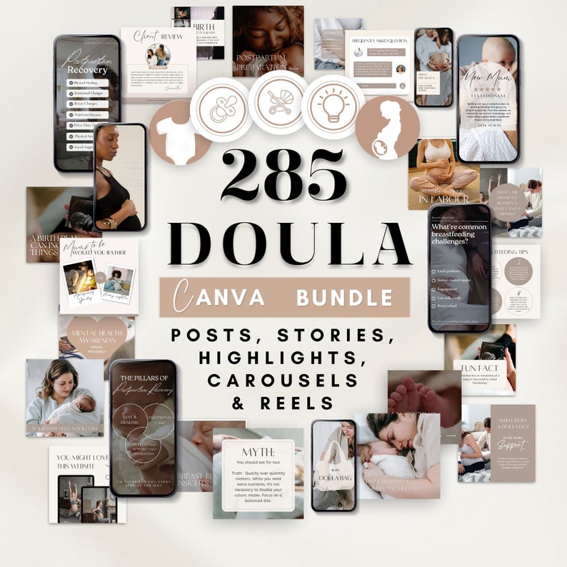 Może przedstawiać: Kolaż 285 grafik do medi&oacute;w społecznościowych dla doul. Grafiki są w neutralnej palecie kolor&oacute;w beżowej i brązowej z czarnym tekstem. Grafiki zawierają cytaty, wskaz&oacute;wki i informacje o doulach i ciąży.
