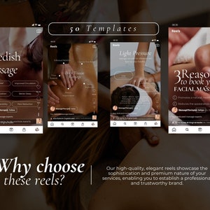 Peut inclure: Trois Reels Instagram pr&eacute;sentant diff&eacute;rents services de massage. Le premier Reel est pour le massage su&eacute;dois, le deuxi&egrave;me pour le massage des tissus profonds et le troisi&egrave;me pour le massage facial. Les Reels mettent en avant les bienfaits de chaque type de massage et pr&eacute;sentent des images de personnes recevant des massages. Le texte sur les Reels indique "50 Mod&egrave;les" et "Pourquoi choisir ces Reels ?"