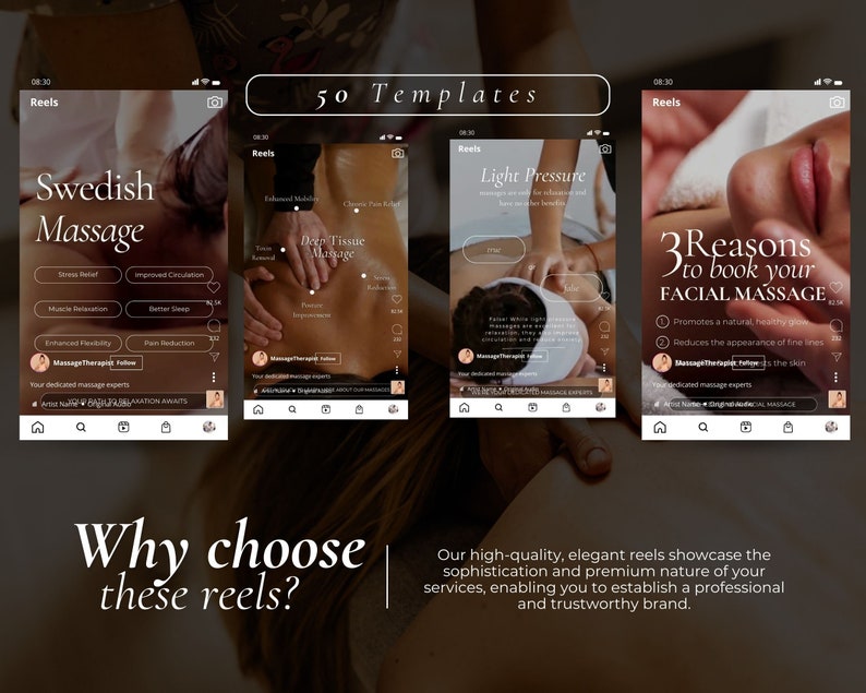 Peut inclure: Trois Reels Instagram pr&eacute;sentant diff&eacute;rents services de massage. Le premier Reel est pour le massage su&eacute;dois, le deuxi&egrave;me pour le massage des tissus profonds et le troisi&egrave;me pour le massage facial. Les Reels mettent en avant les bienfaits de chaque type de massage et pr&eacute;sentent des images de personnes recevant des massages. Le texte sur les Reels indique "50 Mod&egrave;les" et "Pourquoi choisir ces Reels ?"