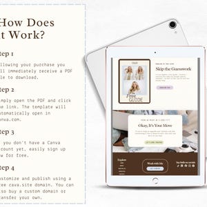 Puede incluir: Una tableta digital que muestra un sitio web con un gr&aacute;fico de "Gu&iacute;a gratuita" y el texto "Skip the Guesswork". La tableta est&aacute; junto a una tableta blanca. La imagen tambi&eacute;n incluye el texto "How Does it Work?" y los pasos 1-4.