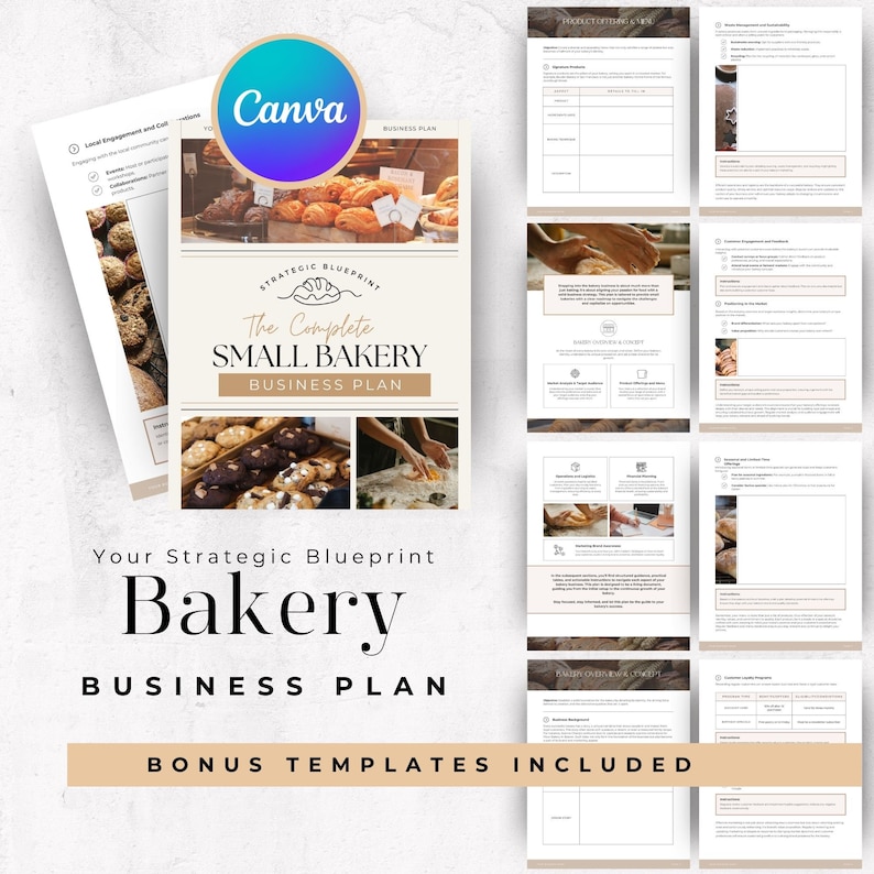 May include: A beige and brown business plan template for a small bakery. The cover features a logo with the text "The Complete Small Bakery Business Plan" and a graphic of a loaf of bread. The template includes sections for product offerings, marketing, and financial planning.