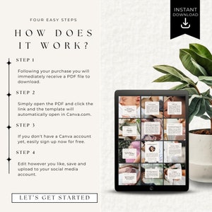 May include: A digital illustration of a tablet screen showing a Canva template for a postpartum checklist. The checklist includes topics such as breastfeeding, environment, self-care, emotional support, and more. The text on the screen reads "Instant Download".
