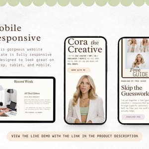 Puede incluir: Una maqueta digital que muestra una plantilla de sitio web en tres dispositivos: una tableta y dos tel&eacute;fonos inteligentes. El dise&ntilde;o presenta un esquema de color claro con el texto "Mobile Responsive" y "Cora the Creative."