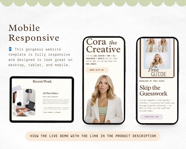 Puede incluir: Una maqueta digital que muestra una plantilla de sitio web en tres dispositivos: una tableta y dos tel&eacute;fonos inteligentes. El dise&ntilde;o presenta un esquema de color claro con el texto "Mobile Responsive" y "Cora the Creative."