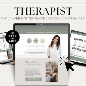 Puede incluir: Una plantilla de sitio web para terapeutas, con un esquema de color verde y blanco. El sitio web incluye secciones para "Acerca de mí", "Servicios", "Qué hace que mi enfoque sea único" y "Programe su sesión de exploración gratuita de 20 minutos".