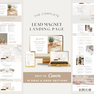 May include: A digital marketing template titled "The Complete Lead Magnet Landing Page" with a gold and beige color scheme. The image shows a desktop computer, laptop, and tablet displaying the landing page design. Text includes "Edit in Canva" and "19 Drag & Drop Sections."