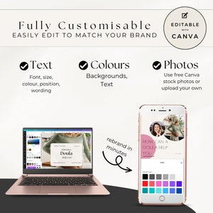 May include: A laptop screen shows a Canva design template for a social media post. The template features a photo of a woman and the text "How can a Doula help you?" The template is customizable with text, colors, and photos. The text "rebrand in minutes" is written on the image.