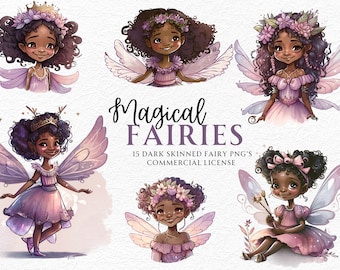 Fairy Clipart, Black Girl Fairy, Afro Fairy, African American, Fairies PNG, Dark Skin Fairies Graphics Clipart, Purple Nursery Decor