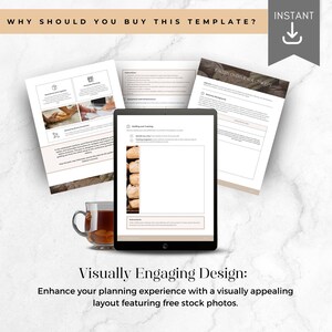 May include: A digital template for a bakery business plan. The template includes sections for operations and expenses, financial planning, staffing and training, and marketing. The template features a visually appealing design with free stock photos of bread.