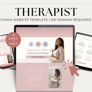 Puede incluir: Una plantilla de sitio web Canva rosa y blanca para terapeutas. El sitio web presenta una llamada a la acción para programar una sesión de exploración gratuita de 20 minutos. El texto "Sanar, crecer, prosperar" aparece en el sitio web.