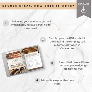 May include: A step-by-step guide on how to use a downloadable PDF template to create a small bakery business plan. The guide includes instructions on how to open the PDF, click a link, and edit the template in Canva.com.