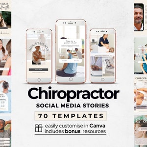 May include: A collection of 70 social media story templates for chiropractors, easily customizable in Canva. The templates feature a variety of designs, including images of chiropractors adjusting patients, text overlays, and calls to action. The templates are designed to help chiropractors promote their services and connect with potential patients.