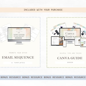 Puede incluir: Recursos de marketing digital, que incluyen una secuencia de correo electr&oacute;nico con seis plantillas y un libro electr&oacute;nico de gu&iacute;a de Canva. La imagen muestra un monitor de computadora y otros dispositivos con el texto "NEW OFFER FLASH PROMO" y "Canva Basics".