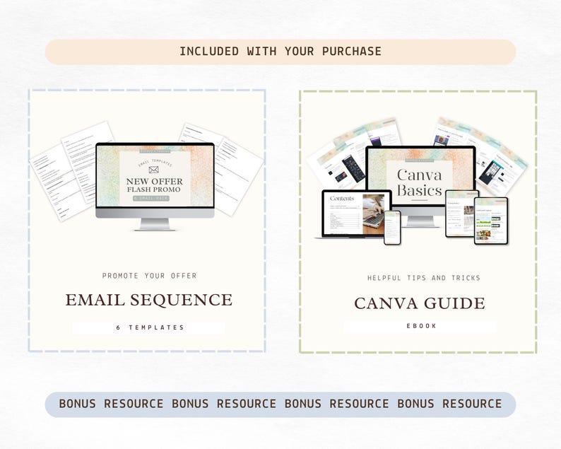 Puede incluir: Recursos de marketing digital, que incluyen una secuencia de correo electr&oacute;nico con seis plantillas y un libro electr&oacute;nico de gu&iacute;a de Canva. La imagen muestra un monitor de computadora y otros dispositivos con el texto "NEW OFFER FLASH PROMO" y "Canva Basics".