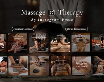 Peut inclure: Une mosaïque de publications Instagram promouvant des services de massage thérapeutique. Les publications présentent des images de personnes recevant des massages, du texte sur les bienfaits du massage et des conseils pour choisir un thérapeute. Le texte comprend des phrases comme "Mythes et réalités de la massothérapie", "Conseils pour choisir un thérapeute", "Massage d'aromathérapie", "Détente profonde et guérison", "Se sentir mieux et vivre mieux", et "Avantages du massage régulier".