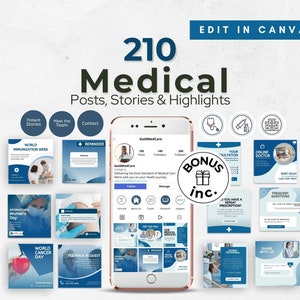 May include: A collection of 210 social media posts, stories, and highlights for medical professionals. The images feature a variety of themes, including World Immunization Week, International Women's Day, World Cancer Day, and more. The images are designed in a blue and white color scheme with a modern and professional aesthetic.