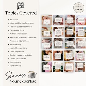 May include: A digital graphic with a list of topics covered in a childbirth class. The topics include birth plans, labor and birthing techniques, mastering labor techniques, the role of a doula, partners role in labor, navigating pregnancy discomfort, pregnancy nourishment, breastfeeding, medical interventions, labor progression, comfort measures for labor, tips for natural birth, hypnobirthing, and newborn care. The graphic also includes a collage of images related to childbirth.