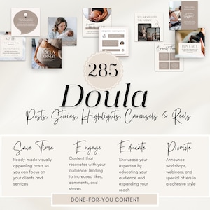 Może przedstawiać: Grafika w kolorze beżowym i brązowym z tekstem "285 Doula Posts, Stories, Highlights, Carousels & Reels" i czterema sekcjami zatytułowanymi "Save Time", "Engage", "Educate" i "Promote". Każda sekcja opisuje, jak wykorzystać media społecznościowe do rozwoju działalności douli.