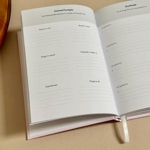 Może przedstawiać: Otwarty dziennik z r&oacute;żową okładką i białymi stronami. Strony mają sekcje dla "Journal Prompts" i "Wdzięczność". Sekcja z podpowiedziami do dziennika zawiera kategorie dla miejsc do odwiedzenia, książek do przeczytania, rzeczy do obejrzenia, podcast&oacute;w do wysłuchania, doświadczeń i rzeczy do zrobienia. Sekcja wdzięczności zawiera listę podpowiedzi dla rzeczy, za kt&oacute;re można być wdzięcznym.