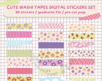 Colorful Washi tape digital stickers set for goodnotes, individual pngs, pre-cropped, digital washi tape, mask tape, printable, kawaii, cute