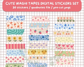 30 Cute Washi Tape Digital Stickers Set for Goodnotes, Individual Pngs ...