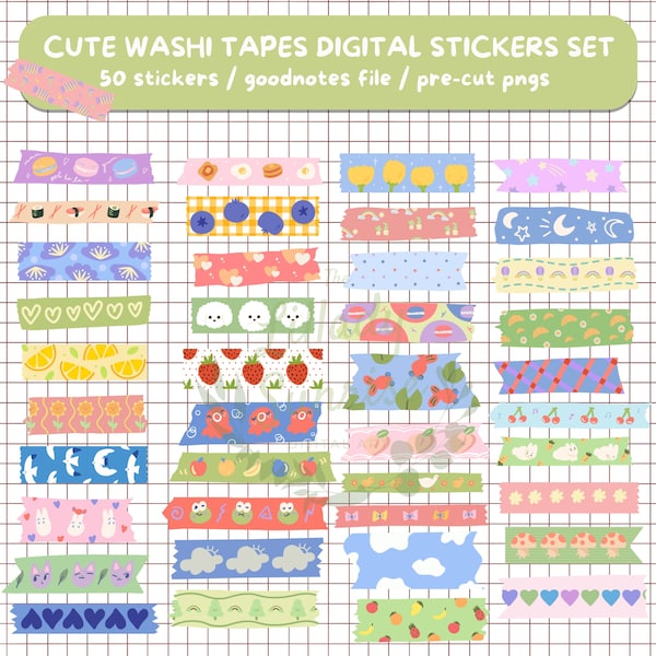 Cute Washi tape digital stickers set for goodnotes, individual pngs, pre-cropped, digital washi tape, mask tape, printable, kawaii, colorful