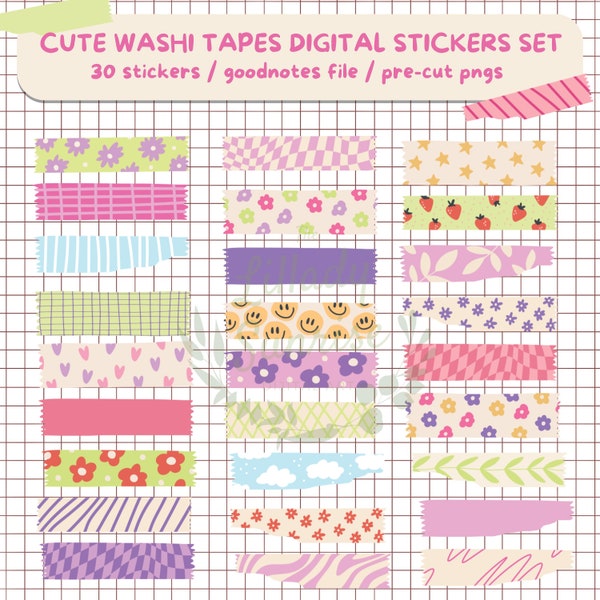 Colorful Washi tape digital stickers set for goodnotes, individual pngs, pre-cropped, digital washi tape, mask tape, printable, kawaii, cute