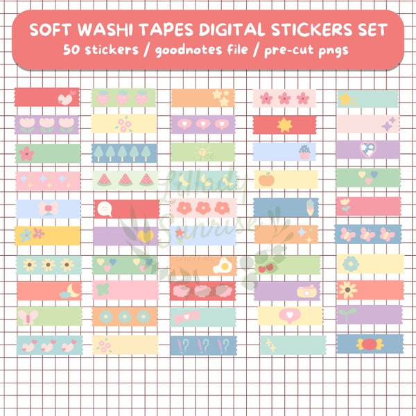 Soft Washi tape digital stickers set for goodnotes, individual pngs, pre-cropped, digital washi tape, mask tape, printable, kawaii, colorful