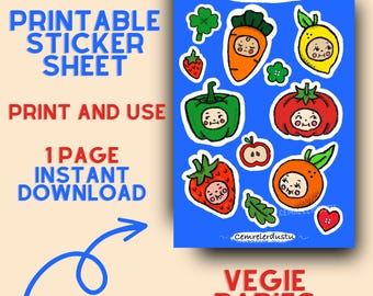 May include: A blue printable sticker sheet featuring cartoon vegetables with faces, including a carrot, lemon, and strawberry. Text on the sheet reads "Printable Sticker Sheet", "Print and Use", and "1 Page Instant Download". The title "Vegie Babies" is also displayed.