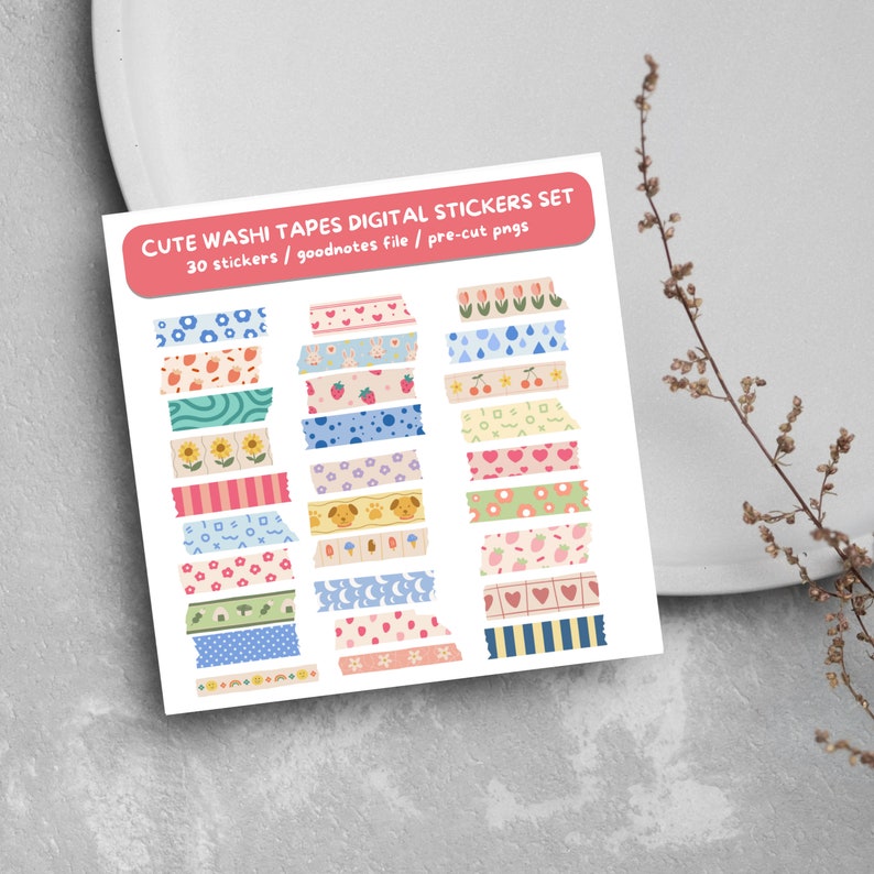 30 Cute Washi Tape Digital Stickers Set for Goodnotes, Individual Pngs ...